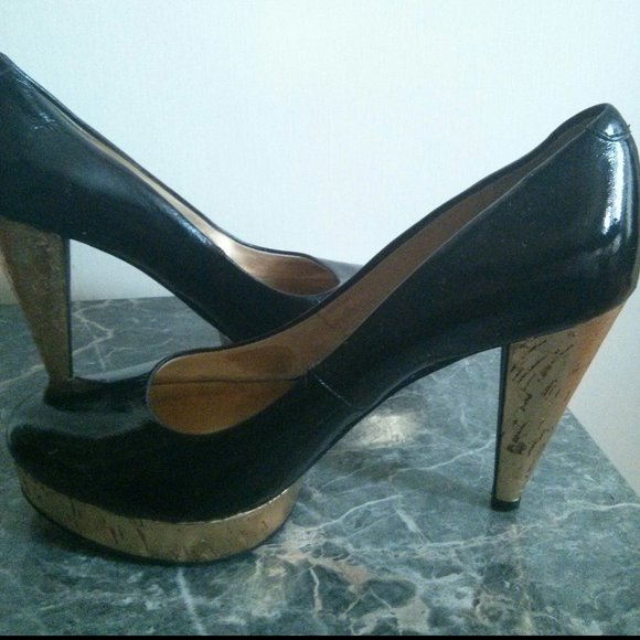 Patent Black & Gold Cork Platform Heels Size 6.5 - Picture 11 of 16